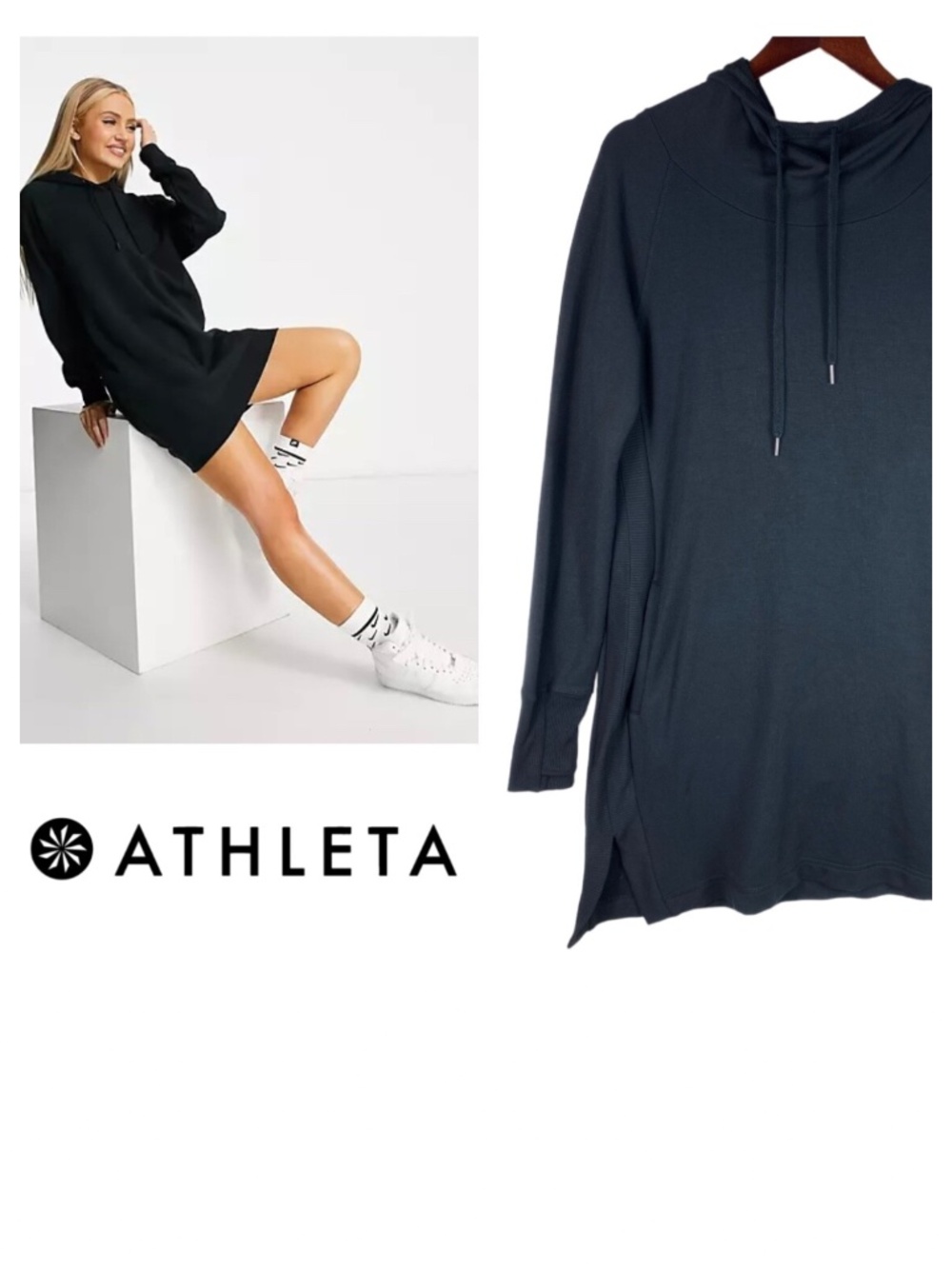 Athleta Pimlico Small Tunic Sweatshirt Dress Hoodie Hooded Black Stretch Pockets